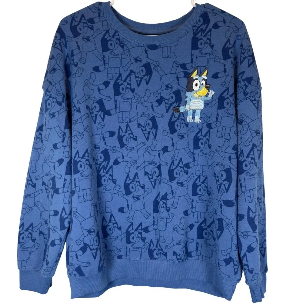 Bluey All Over Print Embroidered Crewneck Sweatshirt Pullover Blue Women's M - Picture 1 of 5